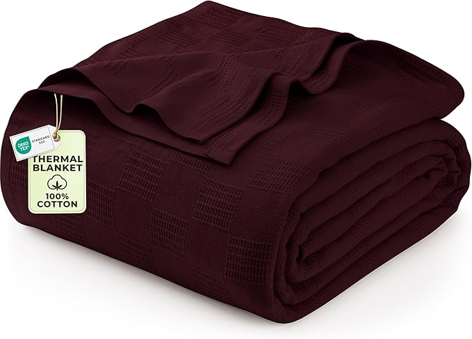 Utopia Bedding 100% Cotton Thermal Blanket Burgundy Queen Size Soft, Lightweight, Breathable, Cozy Spring and Summer Blankets for Bed, Home Room Decor Gifts for Women and Men (90x90 Inches)