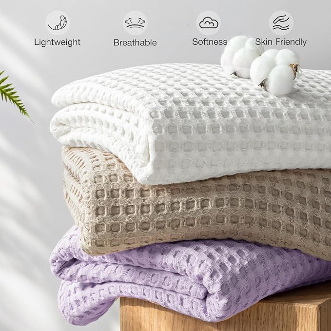 Exclusivo Mezcla Pre-Washed 100% Cotton Waffle Blanket Twin Size for Bed, 330GSM Lightweight Breathable Summer Blankets, Soft and Cozy, Home Decor, Light Purple, 60x80 Inches