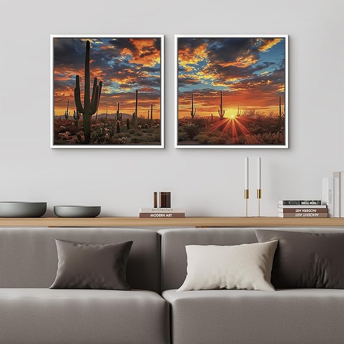 SIGNFORD Framed Canvas Print Wall Art Set Desert Sunset Cactus Artwork, Dramatic Sky Southwest Landscape Illustrations Modern Art Minimal Relax/Calm for Living Room, Bedroom, Office - 16"x16"x2 WHITE