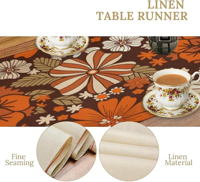 Retro Floral Table Runner 60s 70s Hippie Autumn Flowers Leaves Boho Daisies Flower Dinner Runner for Home Kitchen Dining Table Party Decor 13"x60"