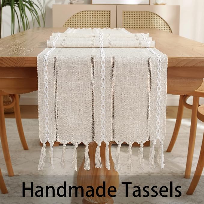 Rustic Boho Table Runner, Farmhouse Table Runners 108 Inches Long for Kitchen Dining Room, 13x108 Inches, Ivory
