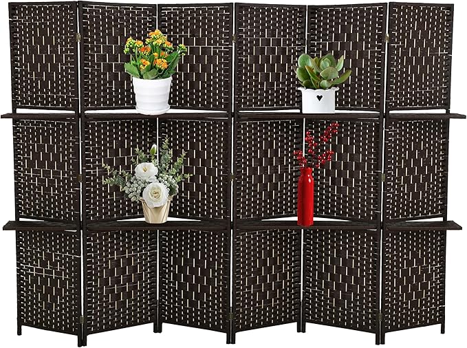 PayLessHere Room Divider Room Screen Divider Wooden Screen Folding Portable Partition Screen Wood with Removable Storage Shelves (Brown, 6 Panel)