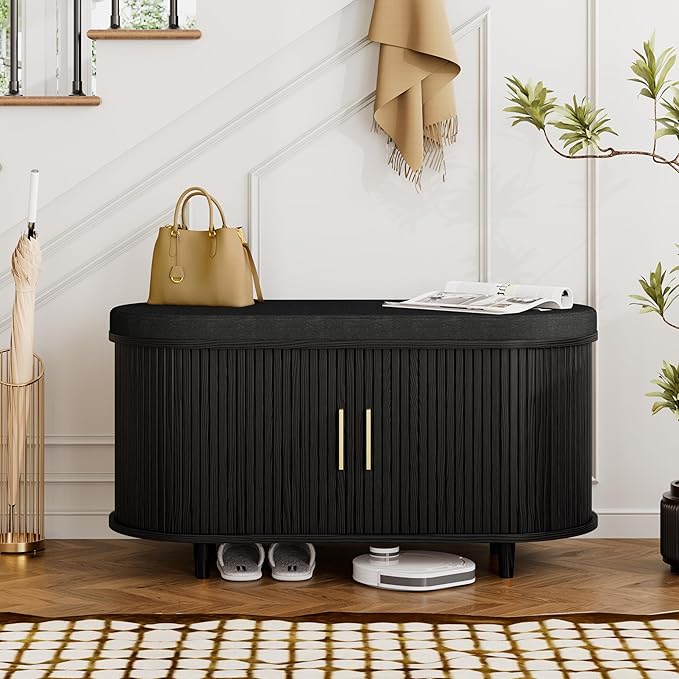 DHH 2-Tier Storage Bench,Wide Shoe Bench with Thickened Padded Seat Cushion, Mid Century Modern Fluted Sliding Door and Adjustable Shelf, for Entryway, Living Room, Bedroom (Black, 35.4“)