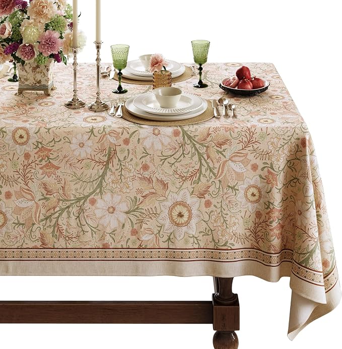 French Thick Linen Table Cloth Square Tables, Pink Floral Waterproof Wipeable Decorative Table Cover for Dining Kitchen Indoor Outdoor, 55" x 55", 2-4 Seats