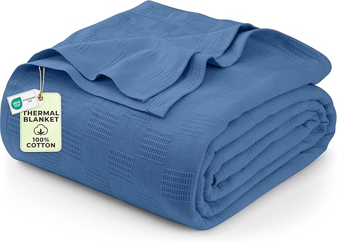 Utopia Bedding 100% Cotton Thermal Blanket Wedgewood Queen Size Soft, Lightweight, Breathable, Cozy Spring and Summer Blankets for Bed, Home Room Decor Gifts for Women and Men (90x90 Inches)