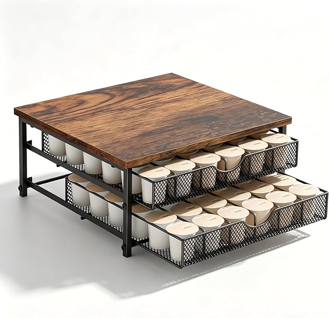 Coffee Pod Organizer 2 Tier Coffee Pod Drawer Holder 72 Capacity K Cup Coffee Capsule Storage Rack for Countertop Metal Coffee Pod Storage with Sliding Baskets for Home Office Coffee Station