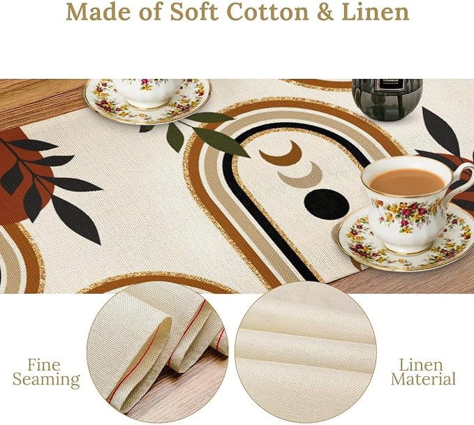 YCness Boho Mid Century Table Runner for Laundry Room Party Kitchen Dining Modern Sun Moon Phase Abstract Minimalist Aesthetic Leaves Arch Geometric Brown Black Orange, 13x108 Inch