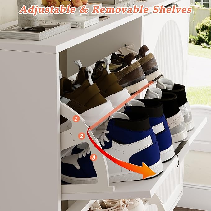 Shoe Storage Cabinet with 2 Flip Drawers, Narrow Wood Shoe Organizer Cabinet, Slim Freestanding Fluted Shoe Cabinet for Entryway, Living Room, Hallway (White, 4-Drawers)