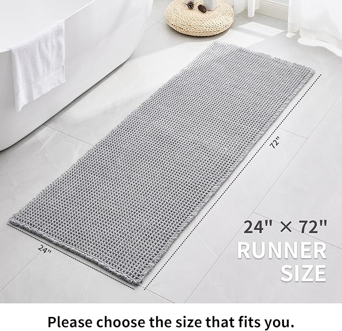Disolla Waffle Bath Mat, Non Slip Absorbent Bathroom Runner Rug, Washable Quick Dry Ultra Soft Long Bathroom Floor Mat, Large Dark Grey & White Bath Rug for Tub Shower, 24''x70''