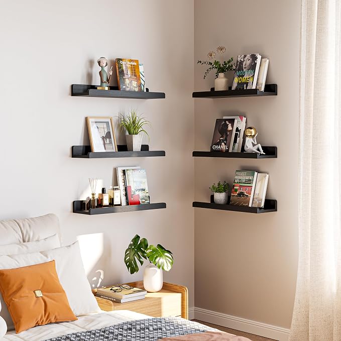 YUFLINX 16’’Black Floating Shelves for Wall Set of 6,Rustic Wood Shelf for Room Decor/Storage/Display,Small Bookshelf,Wall Mounted Hanging Shelves for Bedroom, Bathroom, Living Room, Kitchen