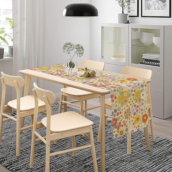 Retro Floral Table Runner Boho 70s Style Vintage Flower Hippie Groovy Abstract Pattern Dinner Runner for Home Kitchen Dining Table Party Decor 13"x36"