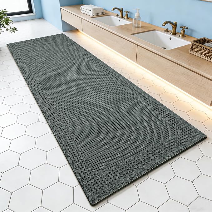 Waffle Bath Mat 24''x72'' Bathroom Runner Rugs Non Slip Bath Rug Runner Washable Bath Rugs Knit Bath Mats, Quick-Drying Floor Mat, Boho Tassel Style Suitable for Bathroom Floor, Dark Grey