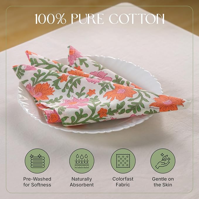 Floral Cloth Napkins Set of 12, 100% Cotton Reusable Dinner Napkins, Block Print Inspired, 18 x 18 Inch Table & Kitchen Napkins for Everyday Dining & Entertaining, Cream Floral