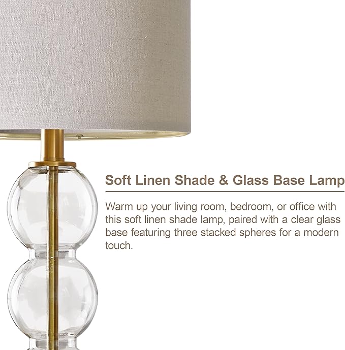 Oneach 25" Glass Table Lamps Set of 2, Gold Modern Table Lamps with USB Ports for Living Room, Linen Shade Bedside Lamps for Bedroom, Nightstand, Side Table (Bulbs not Included)