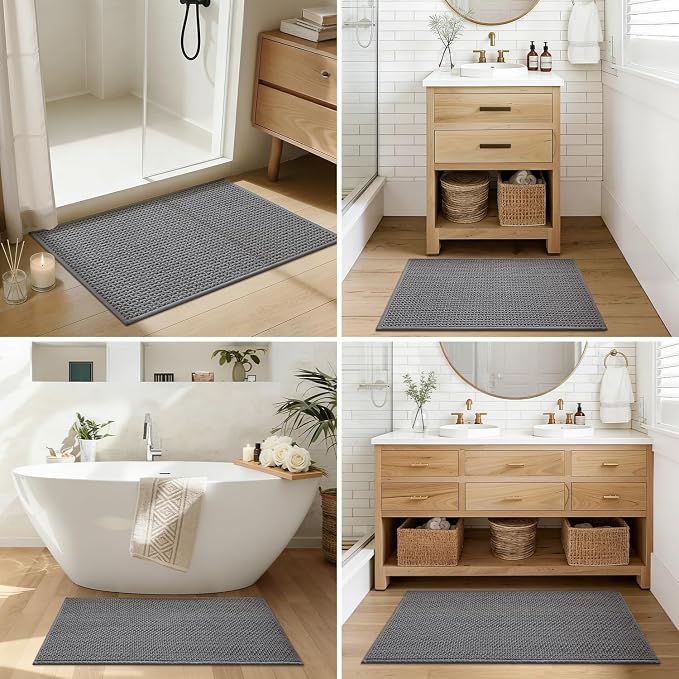 Color&Geometry Rubber Backed Waffle Bath Mat 36x24, Non Slip Water Washable Bathroom Rugs, Soft Absorbent Chenille Boho Carpet for Bathroom Floor, Tub and Shower, Grey