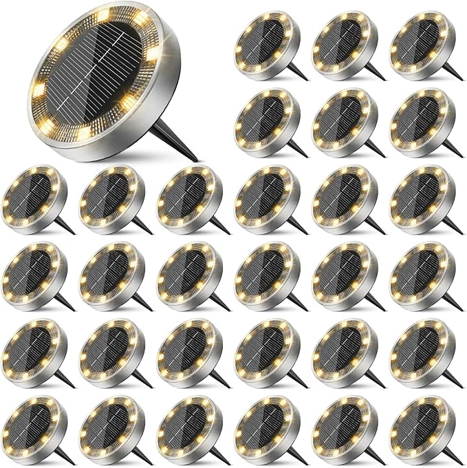 30 Pack Solar Ground Lights Outdoor, 8 LED Mini Flat Solar Disk Lights, IP65 Waterproof Anti-Rust Disc Light, Landscape Lighting for Garden Pathway Yard Walkway Driveway Lawn,Warm White