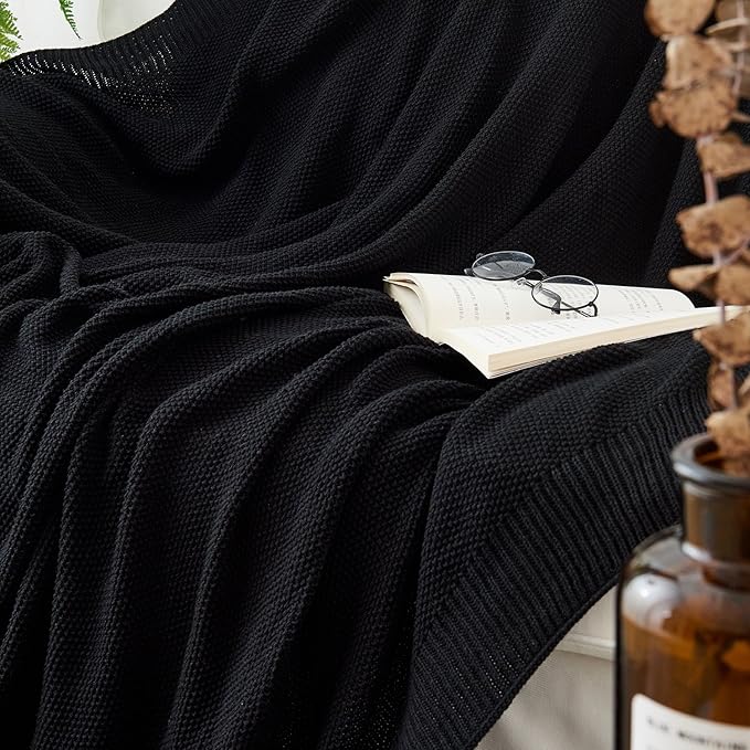 Longhui bedding Black Cotton Cable Knit Throw Blanket for Couch Sofa Chair Bed Home Decorative, 2.5 Pounds 50 x 60 Inch Lightweight Woven Throw Blankets with Bonus Laundering Bag, Machine Wash