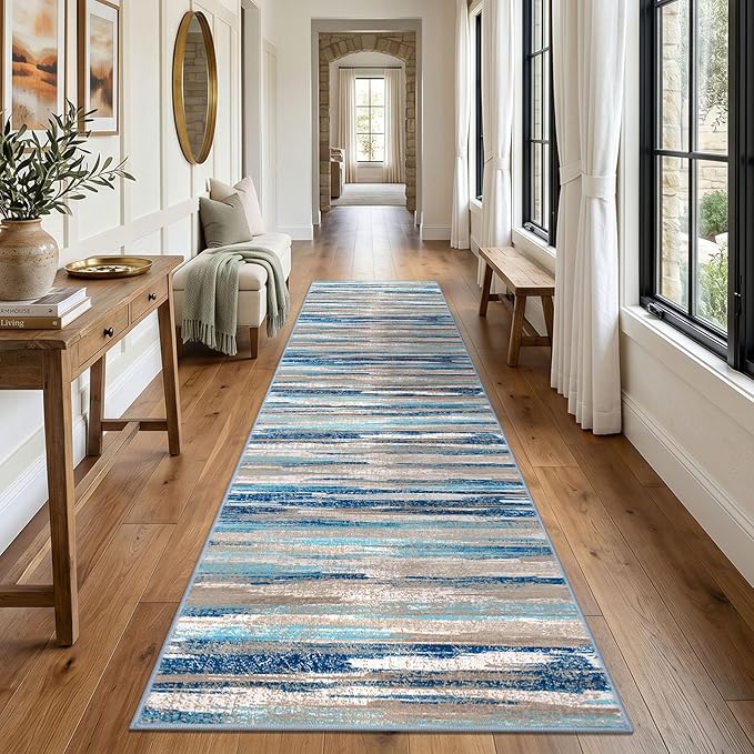 Lansny Modern Abstract Runners for Hallways 3x14, Washable Runner Rug Non-Slip Indoor Soft Long Hallway Runner Rug, Thin Print Faux Wool Floor Carpet for Hall Entryway Kitchen, Blue