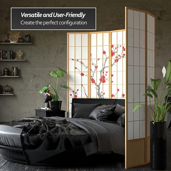 Oriental Furniture 7 ft. Tall Cherry Blossom Shoji Screen - Natural - 5 Panels