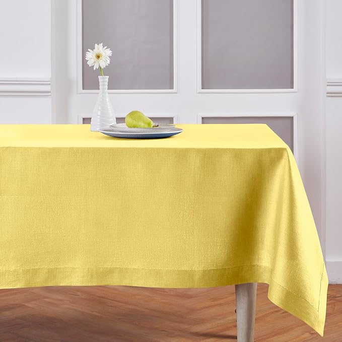 Solino Home Linen Tablecloth for Rectangle Tables 60 x 90 Inch - 100% Pure Linen Sunshine Yellow Table Cloth - Fete, Machine Washable Cloth Tablecloth for Summer