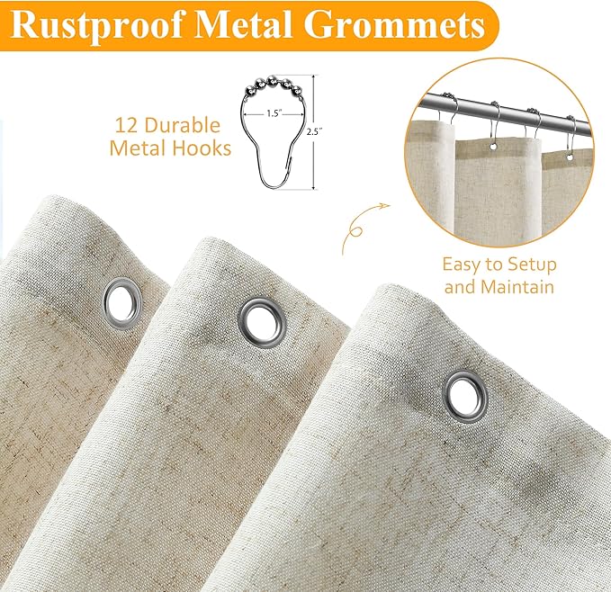 Naturoom Light Beige Linen Shower Curtain 76 Inch Long Weighted Fabric Bath Shower Curtain Set with Hooks, XLong Tall Country Farmhouse Beige Curtains for Bathroom, 72x76