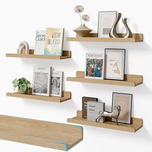 YUFLINX 16’’Natural Floating Shelves for Wall Set of 6,Rustic Wood Shelf for Room Decor/Storage/Display,Small Bookshelf,Wall Mounted Hanging Shelves for Bedroom, Bathroom, Living Room, Kitchen