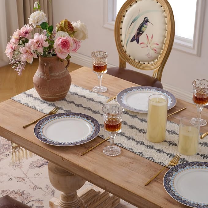 Fancy Homi Grey Boho Cotton Polyester Table Runner 90 Inches Long, Farmhouse Macrame Table Runners with Tassels for Home Party Bohemian Rustic Bridal Shower Kitchen Dining Decor 12x90 Inches