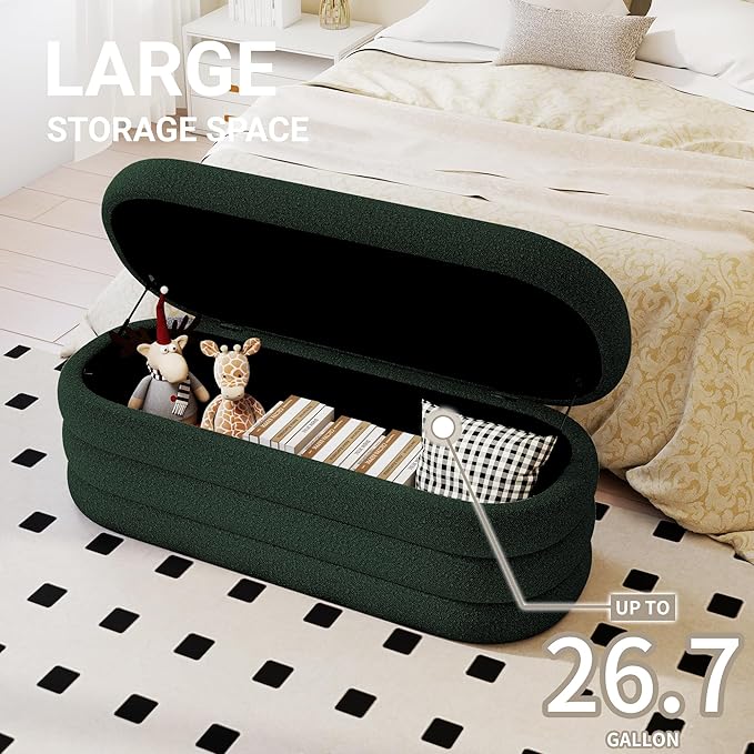 Busaurus Storage Ottoman Bench 49.2 Inch Upholstered Fabric Storage Bench for Bedroom End of Bed Aesthetic Large Oval Ottoman for Living Room(Dark Green)