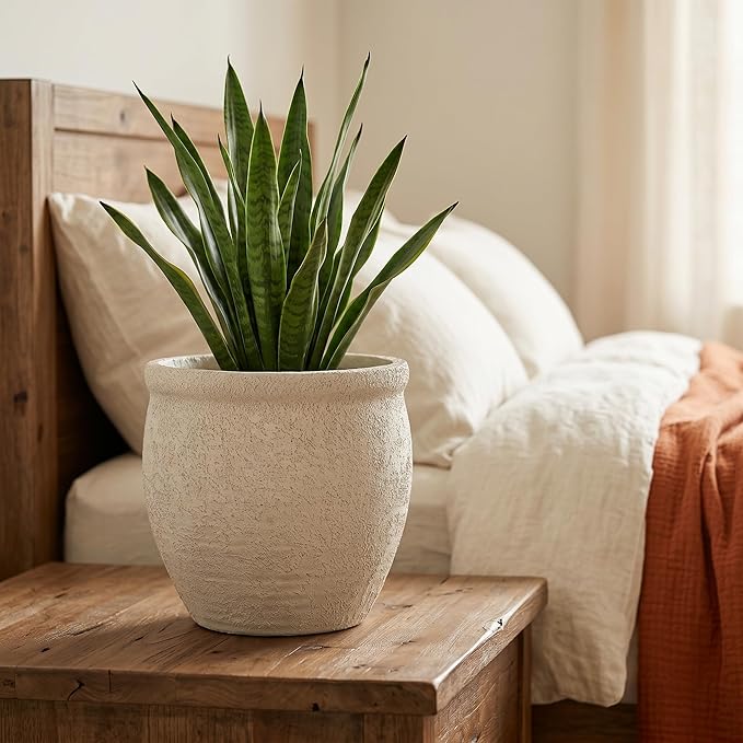 9" Dia Fiberstone Planter – Modern Farmhouse Indoor/Outdoor Flower Pot, Beige Decorative Plant Pot with Grainy Matte Texture & Drainage Hole for Patio, Porch, Garden, Home Décor