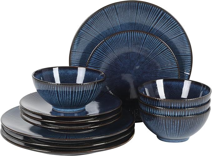 Gibson Elite Midnight Lune Plates and Bowls Sets, 12-Piece Stoneware Dinnerware Sets, Reactive Glaze Dish Set - Blue
