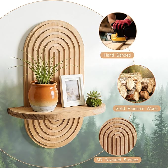 Heiple Set of 2 Boho Arched Floating Shelves 15.7”x 7.8” Plant Wooden Hanging Shelf for Living Room Bedroom Nursery Mid Century Modern Wall Decor Office Holding Planter (Brown, 11.7 * 15.7)