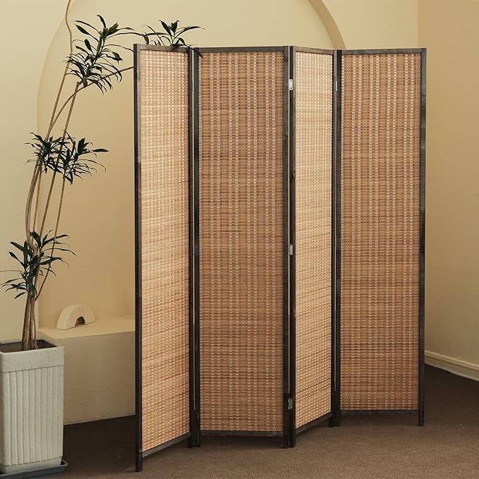 Furnnylane 4 Panel Bamboo Room Divider - 5.6 ft Tall Folding Privacy Screen for Room Separation, Natural Brown Freestanding Partition Wall for Home Office (67" H x 61.4" W)