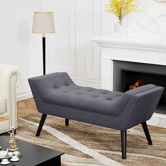 Alunaune Velvet Tufted Ottoman Bed Bench for Bedroom End of Bed Bench, Upholstered Entryway Bench Storage Ottoman Footstools with Wood Legs-2 Seater, Dark Gray
