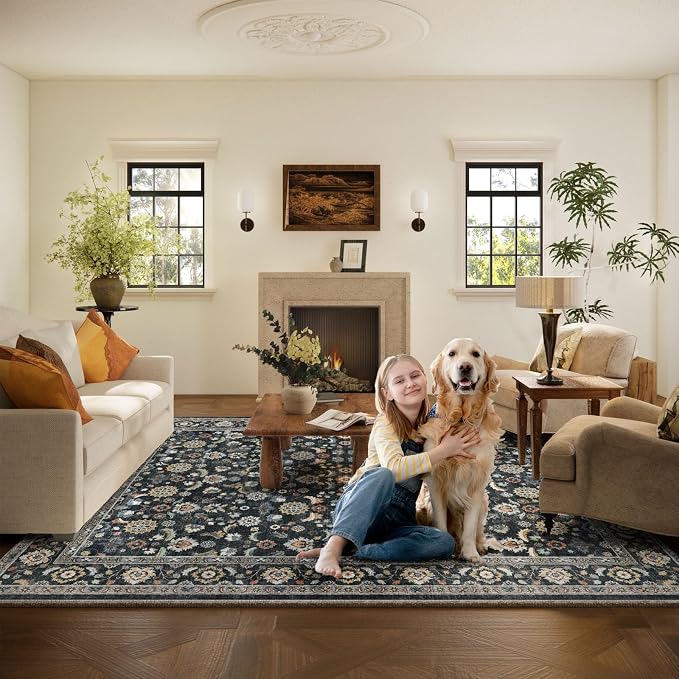 Washable Area Rugs for Living Room: 6x9 Bedroom Rug Vintage Boho Area Rug Stain Resistant Non Slip Low Pile Lightweight Soft Carpets for Living Room Dining Room Kitchen Nursery Kids Room Farmhouse