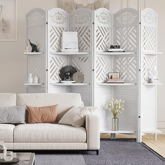 Room Divider with Shelves, 5.75ft Tall Folding Wood Carved Screen with Double Hinges for Home Office Bedroom Hotel Decoration (6 Panels, Pure White)
