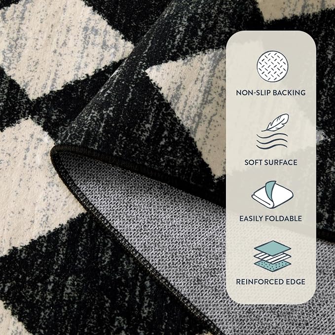 Lahome Zelie Moroccan Trellis Area Rug - 3x5 Washable Black Entry Rug Non Slip Living Room Mat, Distressed Lattice Soft Stain Resistance Indoor Throw Carpet for Front Door Foyer Bedroom Bathroom