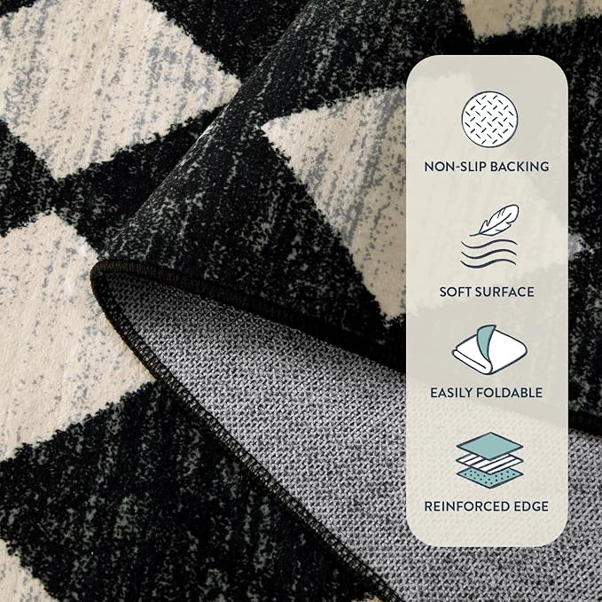 Lahome Zelie Moroccan Trellis Runner Rug - 2x6 Washable Black Bathroom Runner Rug Laundry Room Carpet Runners, Modern Soft Non Slip Indoor Floor Accent Mat for Bedside Kitchen Hall Bar Entryway RV