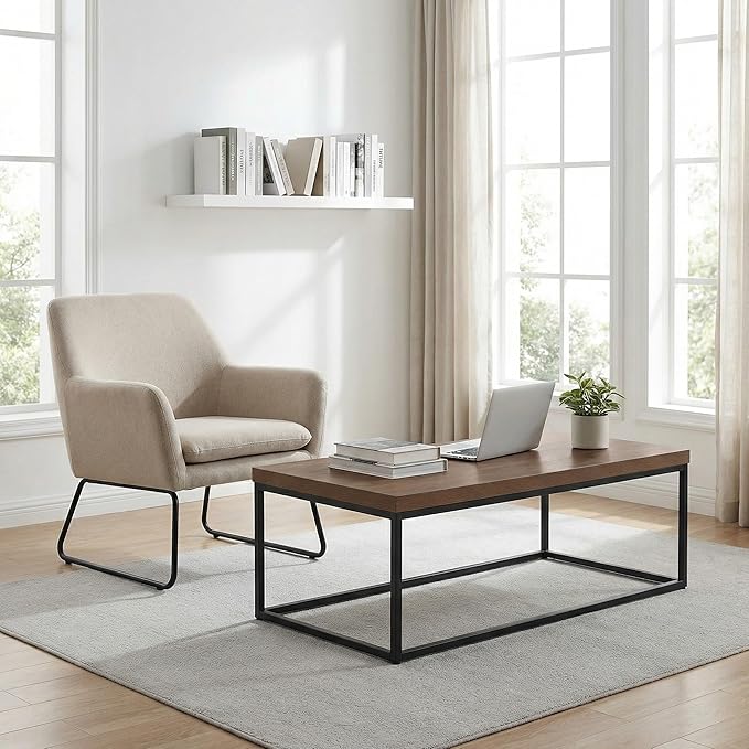 CENSI 47-Inch Dark Walnut Coffee Table for Living Room, Modern Industrial, Rectangular Wood and Metal Center Table with Extra Thick Tabletop (Dark Brown)