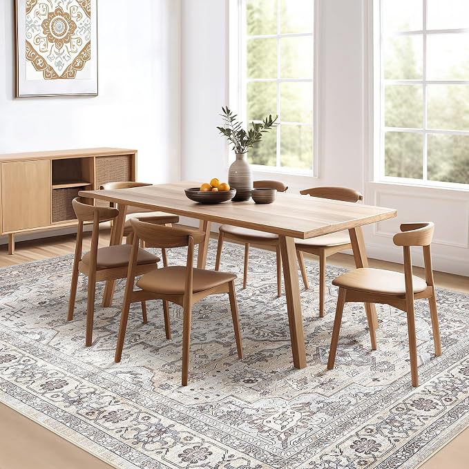 7x9 Area Rug Living Room: Washable Boho Large Neutral Vintage Soft Rugs Stain Resistant Farmhouse Non Slip Indoor Floor Carpet for Bedroom Nursery Kids Playroom Office Dining Room- Ivory Gray