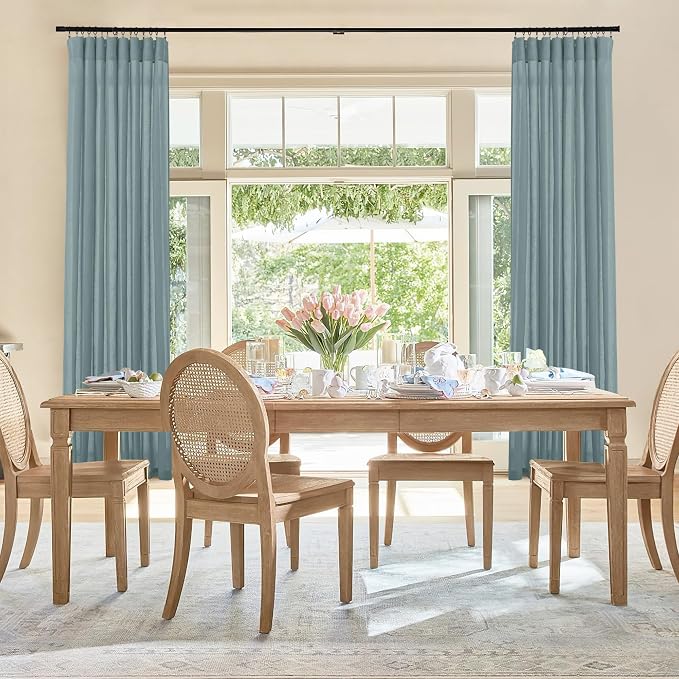 RYB HOME Linen Sheer Curtains 2 Panels for Living Room, Semi Transparent Privacy Drapes with Rod Pocket Farmhouse Style Window Treatments for Bedroom， Stone Blue， 52" W x 90" L