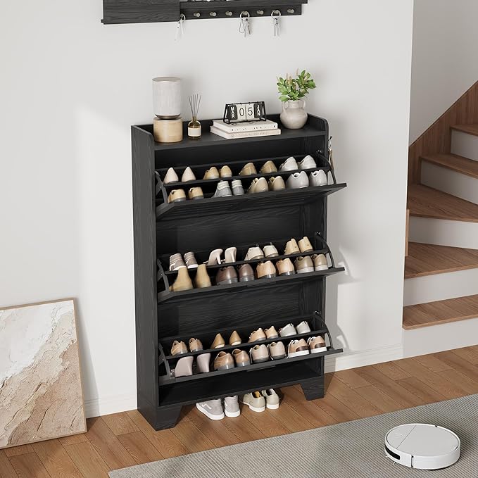 IDEALHOSUE Shoe Cabinet Storage for Entryway, Slim Shoe Storage Cabinet with 3 Flip Drawers, Freestanding Hidden Narrow Shoe Organizer Cabinet with Hooks for Entrance, Foyer, Hallay, Black