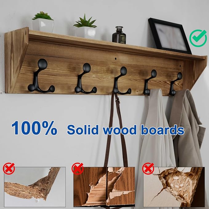 WEBI Wall Shelf with Hooks Underneath,35" Long Wall Mounted Coat Rack with Shelf,Entryway Coat Rack with 5 Triple Hooks for Hanging Coats,Jacket,Hallway,Bedroom,Mudroom,Brown