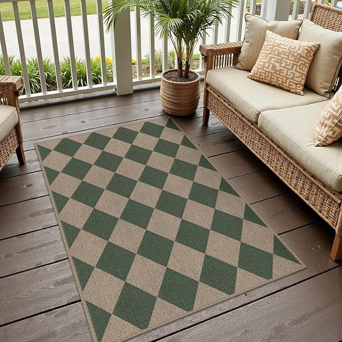 Rugalia Easy Jute Small Outdoor Patio Rug, 3x5 Green Checkered Entryway Rug Washable Modern Diamond Kitchen Rugs, Non-Slip Neutral Farmhouse Throw Carpet for Living Room Porch Backyard