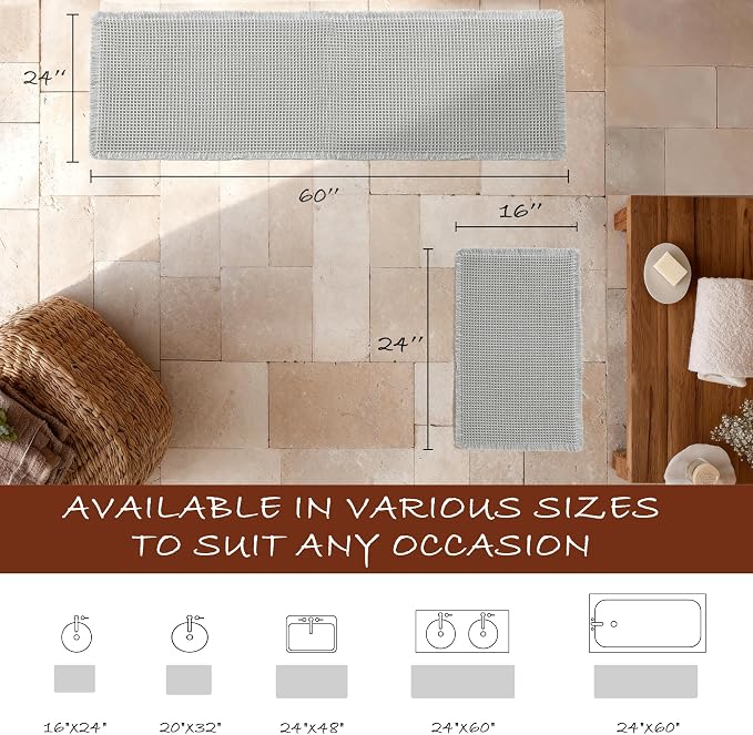 DWCN Set of 2 Waffle Bathroom Mats, Non Slip Bath Rug Set for Bathroom Floor, Super Absorbent Shower Mats for Tub, Washable Kitchen Rugs for Farmhouse Boho Home Decor, 16" x 24" Plus 24" x 60", Grey