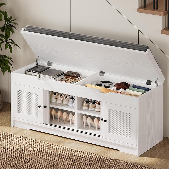 LIKIMIO 47.2" Shoe Bench with Lift Top Storage, Entryway Bench with Cushioned Seat, 2-Tier Rattan Shoe Cabinet with Adjustable Shelf, Storage Bench for Bedroom, Living Room, Hallway, White