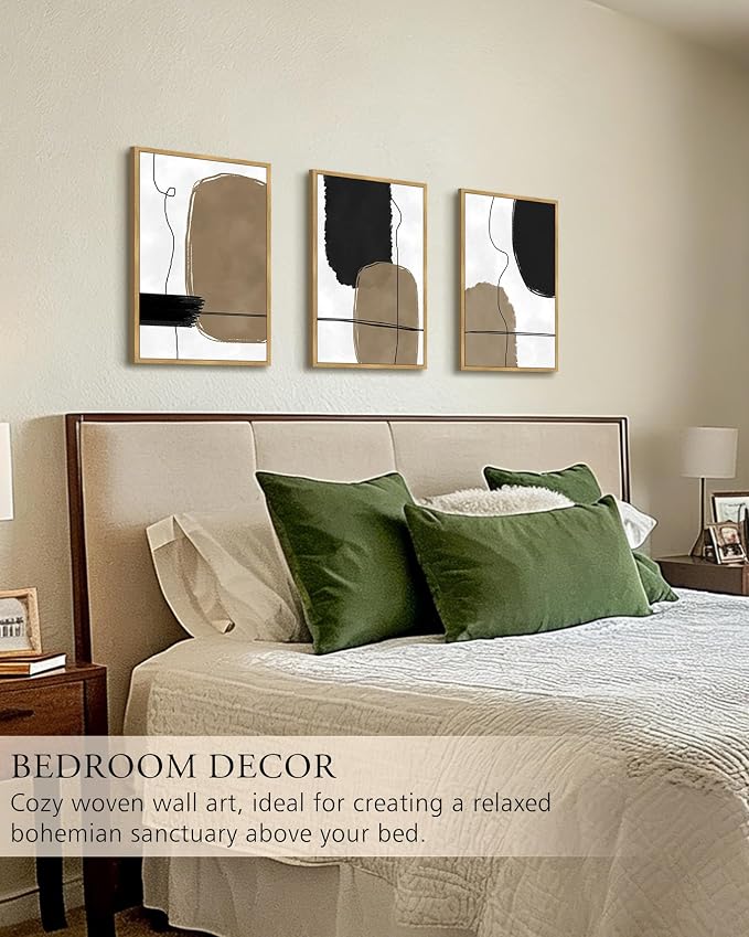 KUVIOKE Abstract Wall Art Framed Neutral Beige Mid Century Textured Artwork Black Minimalist Line Modern Illustrations Bedroom Hallway Ready to Hang 16x24in (Natural Framed)