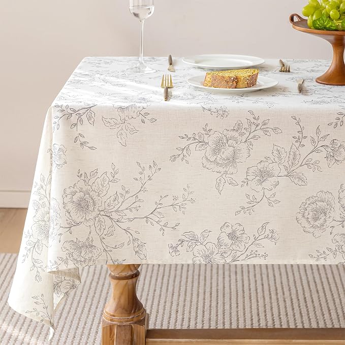 Floral Linen 55 x 120 inch Oval Table Cloth Wrinkle Resistant Vintage Farmhouse Long Tablecloth Gray Pattern Printed on Cream Tablecloth Rectangle Cottage Burlap Fabric Table Cover Home Decor Holiday