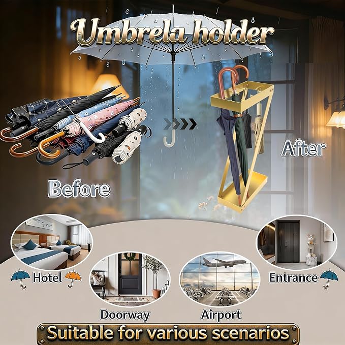 Gold Entryway Umbrella Holder - Indoor Umbrella Stand with Hooks, Stores Umbrellas & Canes, Anti-tip Design for Homes, Offices, Hotel Lobbies
