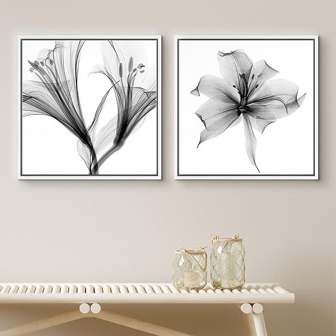 SIGNFORD Framed Wall Art Print Set Detailed X-Ray Lily Flower Closeup Floral Plants Photography Minimalism Glam Relax/Calm Cool Black and White for Living Room, Bedroom, Office - 16"x16"x2 White