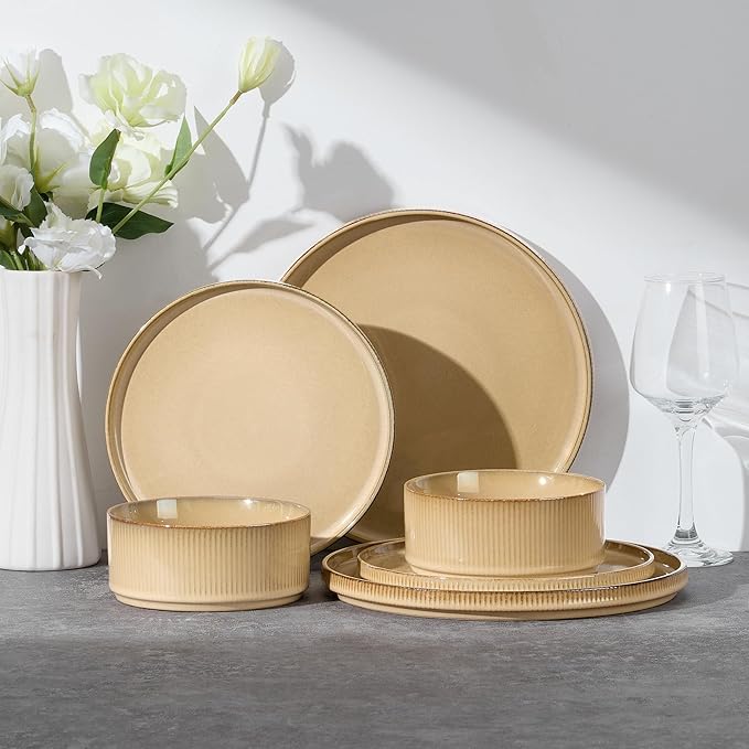 E-far Stoneware Dinnerware Sets for 2, 6-Piece Plates and Bowls Sets, Chip & Scratch Resistant Ribbed Dish Set for Home Restaurant, Microwave & Dishwasher Safe, Caramel Khaki